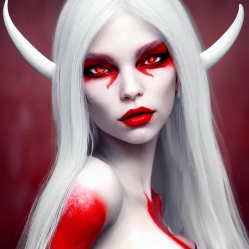 Image similar to a highly detailed portrait of a humanoid demon girl with white hair, red horns, in white clothes, red eyes artstation, deviantart, professional, unreal engine 5, photorealistic