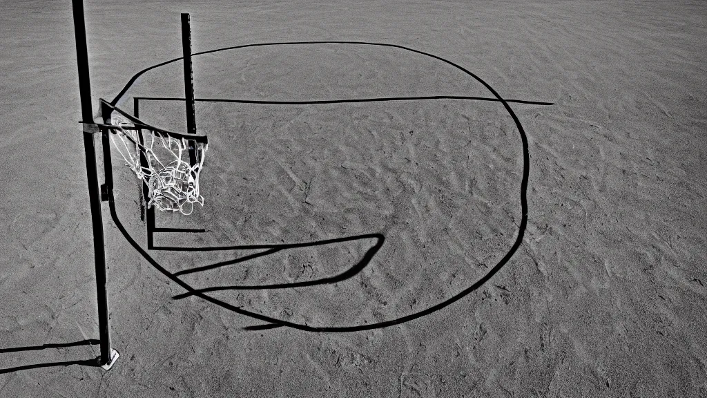 Image similar to photograph of an isolated basketball backboard and rim on a dirt court in a scenic location, in the styles of cameron look, andrew bernstein, and ansel adams. intricate, hyperrealistic, monochrome hdr, accurate court