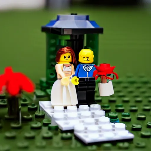 Image similar to Real grown man marrying a tiny lego woman