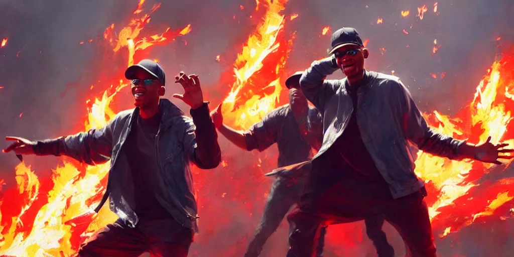 Prompt: character art by ruan jia, will smith waving horizontally at chris rock wearing wayfarer glasses and red baseball hat at a music concert, on fire, fire powers