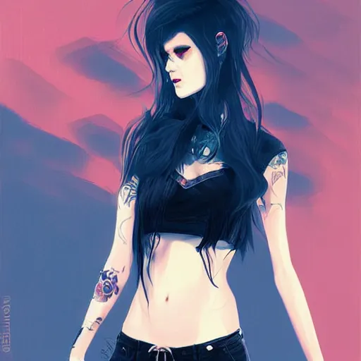 Prompt: a beautiful punkrock woman in crop top, by guweiz