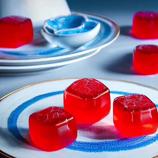 Image similar to cubes of translucent red jelly on a blue and white intricately decorated china plate lit by bright god rays, hyper realistic, 8k, octane render, glistening, shimmering, raycasting, refraction, award winning digital art, masterpiece