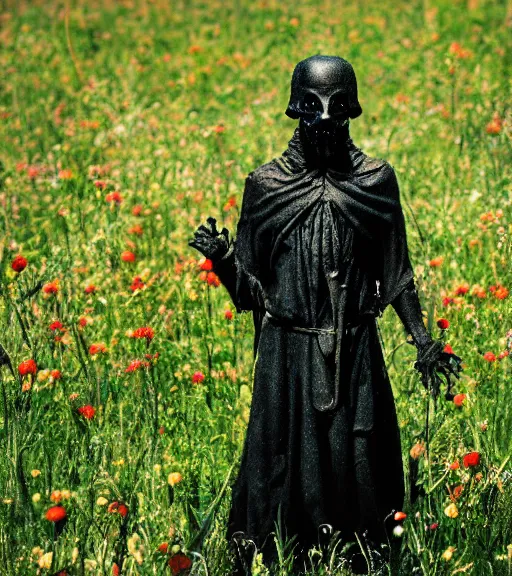 Image similar to mystical black death god figure standing in tall meadow of flowers, film photo, grainy, high detail, high resolution