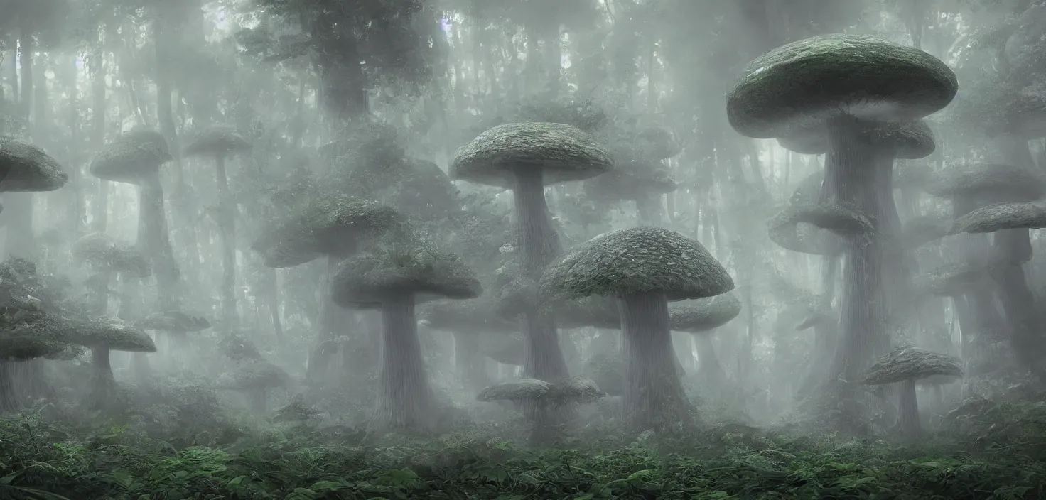 Image similar to a distant dense forest of giant bismuth mutated mushrooms, intricate, highly detailed, organic, volumetric fog, concept art, masterpiece