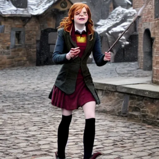 Prompt: emma stone as hermione granger, in hogsmeade