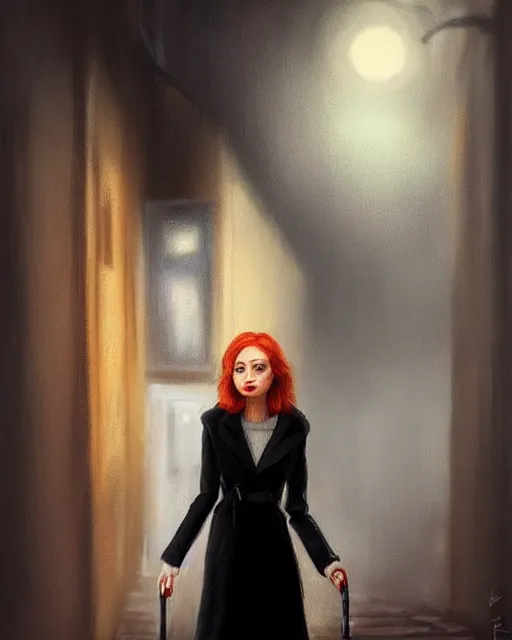 Prompt: A ultradetailed beautiful portrait painting of a redhaired woman in a black trenchcoat smoking a cigarette in a dark alley at night. trending on deviantart, film noire, Ilya Kuvshinov.