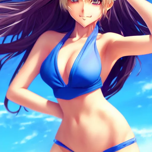 Image similar to a very beautiful anime mature girl, full body, long wavy blond hair, sky blue eyes, full round face, short smile, bikini, miniskirt, front view, medium shot, mid-shot, highly detailed, cinematic wallpaper by Stanley Artgerm Lau