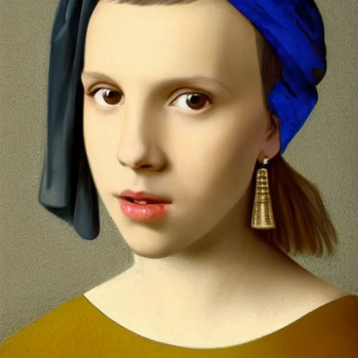 Prompt: Millie Bobby Brown with a pearl earring by Johannes Vermeer