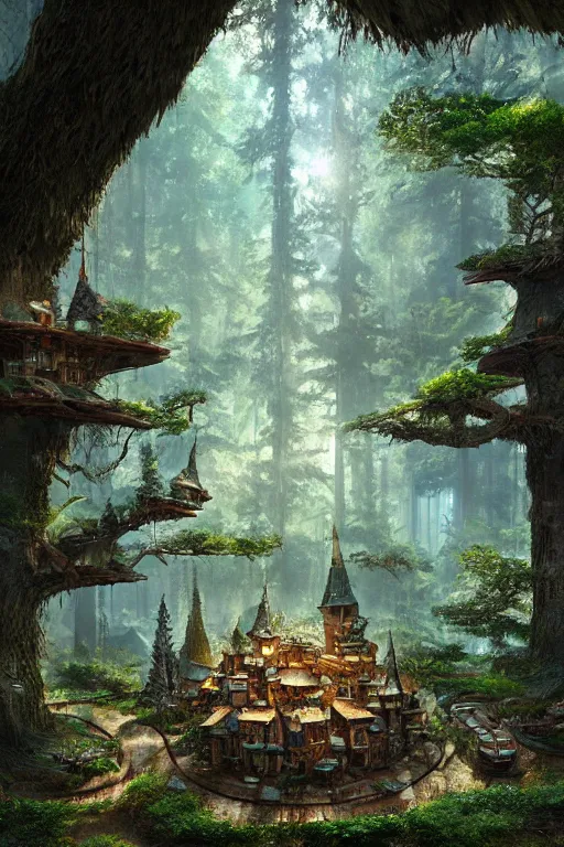 Prompt: a miniature city built into the trunk of a single colossal tree in the forest, with tiny people, in the style of craig mullins, lit windows, close - up, low angle, wide angle, awe - inspiring, highly detailed digital art