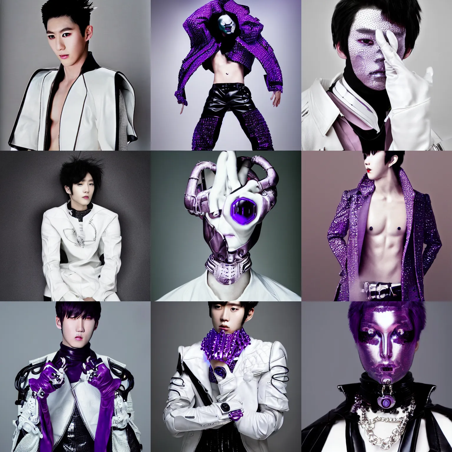 Prompt: male ulzzang with white leather garment, black cybernetic enhancements, purple crystal jewelry, full shot, fashion photography, by irving penn and storm thorgerson, ren heng