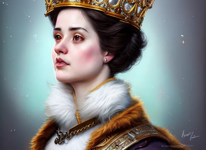 Image similar to highly detailed illustration of a portrait of a regal corgi wearing a crown, artstation, cinematic lighting, hyperdetailed, cgsociety, 8k, high resolution, Charlie Bowater, Tom Bagshaw, Norman Rockwell, insanely detailed and intricate