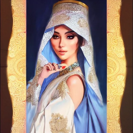 Image similar to a beautiful arabian woman wearing a wedding dress kaftan by karol bak, ayami kojima, artgerm, arabian beauty, blue eyes, smile, concept art, fantasy