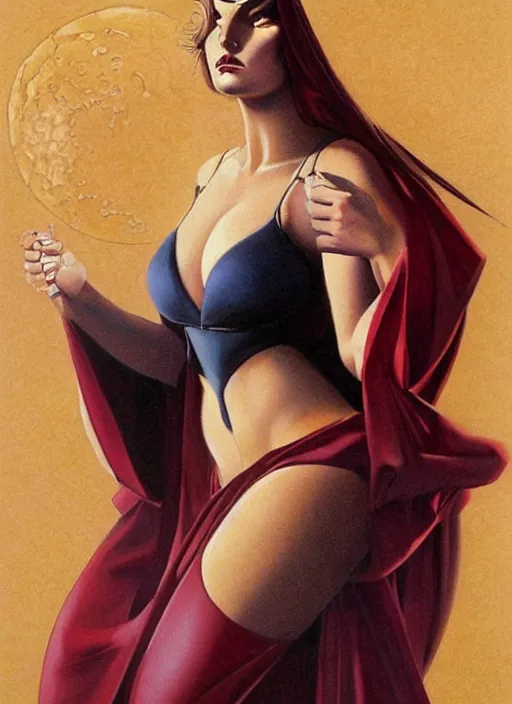 Image similar to portrait of plump norse goddess of the moon, maroon and black robe, iron crown strong line, deep color, beautiful! coherent! by boris vallejo