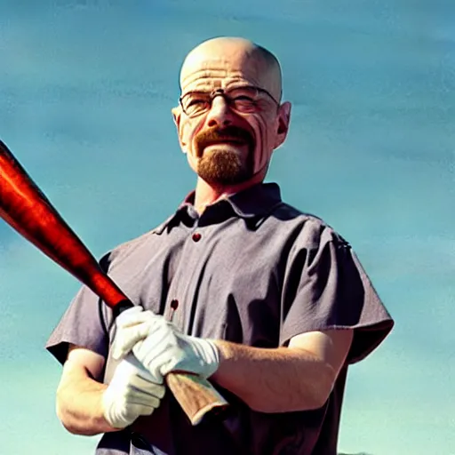 Image similar to Breaking Bad Walter White smiling while holding a baseball bat