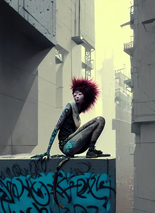 Image similar to highly detailed matte painting, of punk girl sitting on maximalist 3 d calligraphy graffiti tag light eroding grey walls, by atey ghailan, by greg rutkowski, by greg tocchini, by james gilleard, by joe fenton, by kaethe butcher, yellow, brown, black and cyan mystical color scheme, grunge aesthetic, octane render