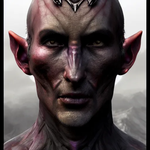 Image similar to hyperrealistic mixed media image of demon daedric prince from skyrim, dark complexion, stunning 3 d render inspired art by greg rutkowski and xiang duan and thomas eakes, perfect facial symmetry, flesh texture, realistic, highly detailed attributes and atmosphere, dim volumetric cinematic lighting, 8 k octane detailed render, post - processing, masterpiece,