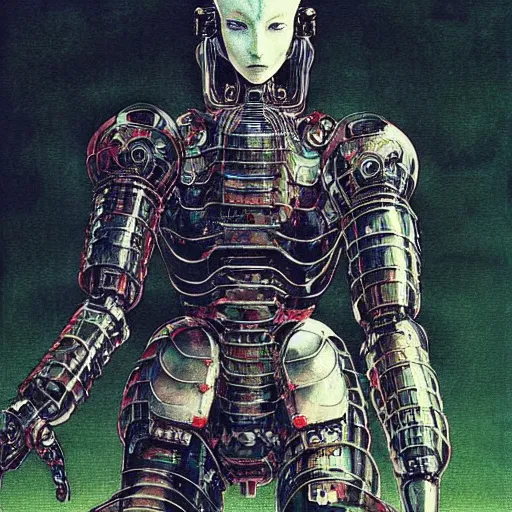 Image similar to “ a simple concept art portrait of a sleek robot design with armor, an award winning yoshitaka amano digital art, by adrian ghenie and gerhard richter. art by takato yamamoto. masterpiece, deep colours. ”