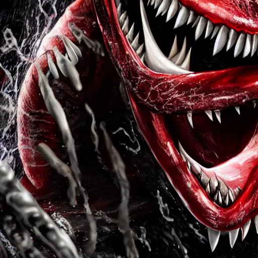 Image similar to Drake as Eddie Brock from Venom (2018), 4k, insanely detailed, teeth with small drops of red water