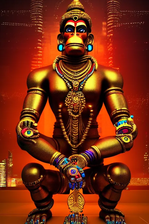 Image similar to high quality 3 d render colorful cyborg! hanuman sitting, gold madhubani, highly detailed, cyberpunk!! mumbai in the background, vray cinematic smooth, blade runner, moody light, low angle, uhd 8 k, sharp focus