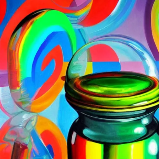 Prompt: rainbow coloured liquid in futuristic glass canister, detailed art station painting, vibrant, material, 8 k