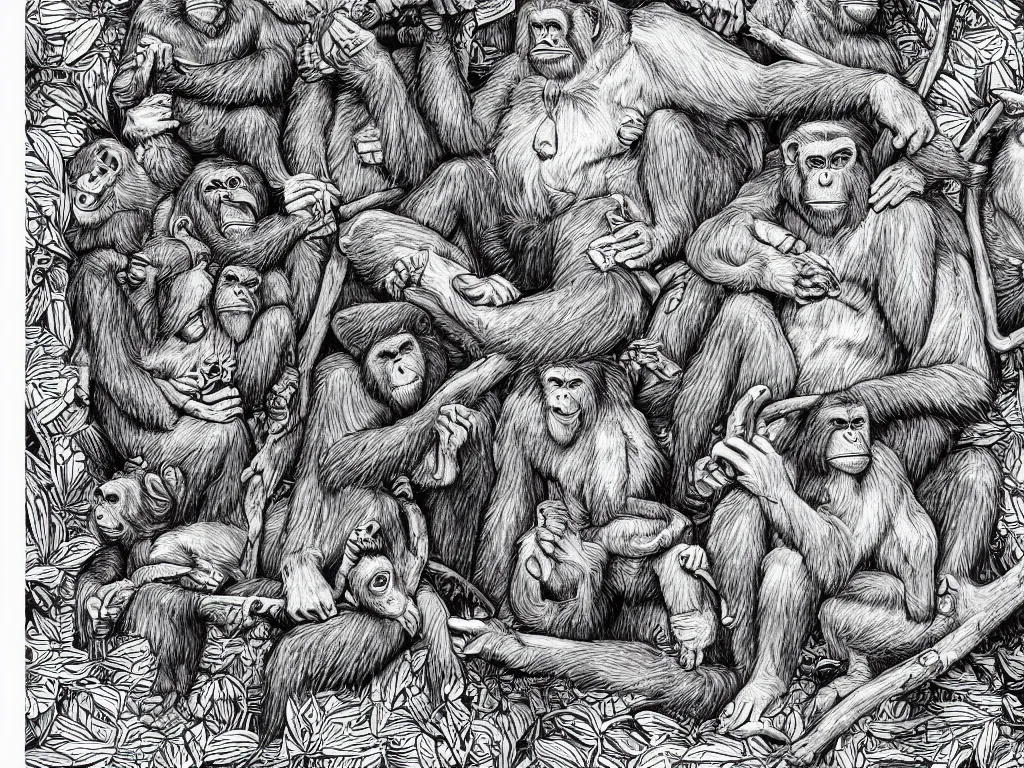 Image similar to bored ape club monkeies by Chor Boogie, intricate details, ultra detailed, 4K, award-winning, touch of M. C. Escher and Salvador Dali