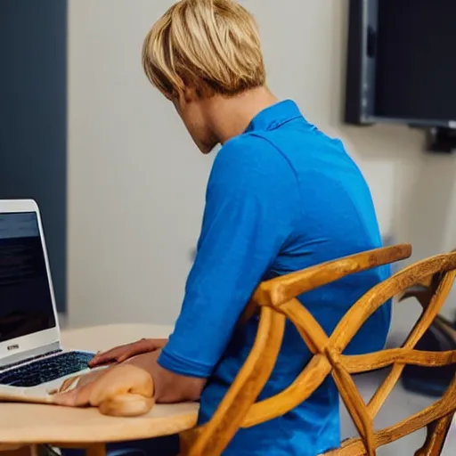 Image similar to back of short college guy with short blonde hair and a blue baseball cap sitting in a chair typing an essay on a laptop