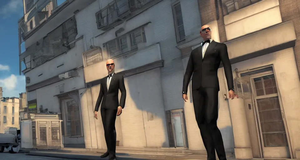 Image similar to Screenshot of a 3d Sterling Archer from the show Archer in the videogame 'Hitman 3' (2021). High-detailed NPC screenshot. Fancy black suit. Luxury environment. Sharpened. 1080p. High-res. Ultra graphical settings.