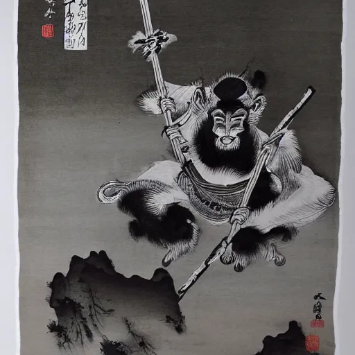 Image similar to a Chinese ink painting, taoism wukong, by wu daozi, HD,