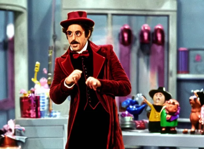 Image similar to film still of Robert Downey Jr as Willy Wonka in Willy Wonka and the Chocolate Factory 1971