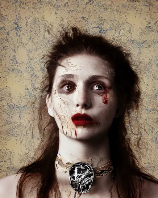 Image similar to an instant photo of a beautiful but creepy young woman in layers of fea, with haunted eyes and wild hair, wearing a vivienne westwood choker, 1 9 7 0 s, seventies, wallpaper, moorland, a little blood, moonlight showing injuries, delicate embellishments, painterly, offset printing technique, by mary jane ansell