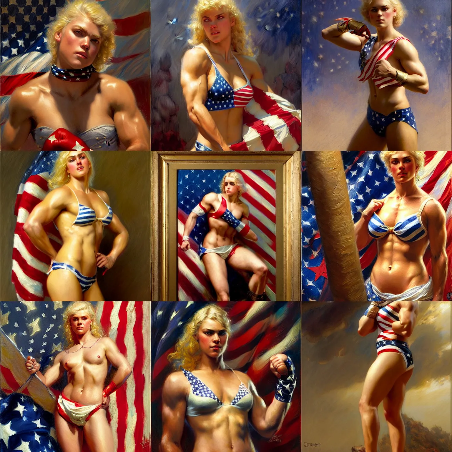 Prompt: muscled blonde female boxer wearing stars and stripes, highly detailed painting by gaston bussiere, craig mullins, j. c. leyendecker 8 k