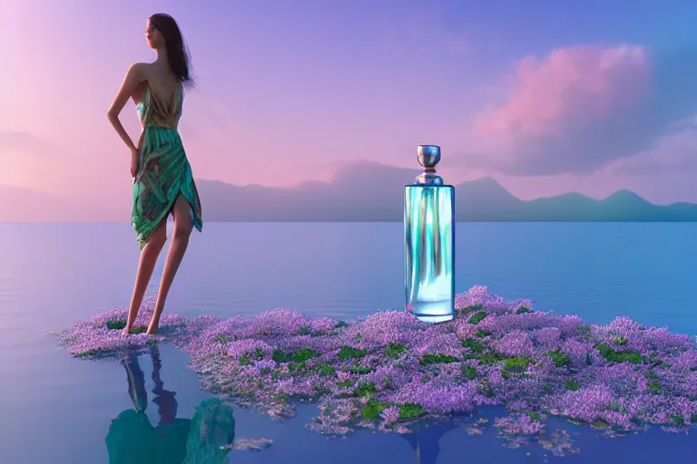 Prompt: perfume bottle standing on lilipads in a cool blue pond oasis, dramatic, mid day, sand dune background, soft lilac skies, large scale, hyperrealistic, lots of detail, realistic lighting, octane render, by wlop, artgerm, trending on artstation
