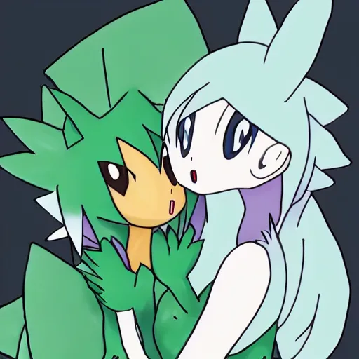 Prompt: official advanced anime digital art, Pokemon female Gardevoir hugging their pokemon trainer by Ken Sugimori