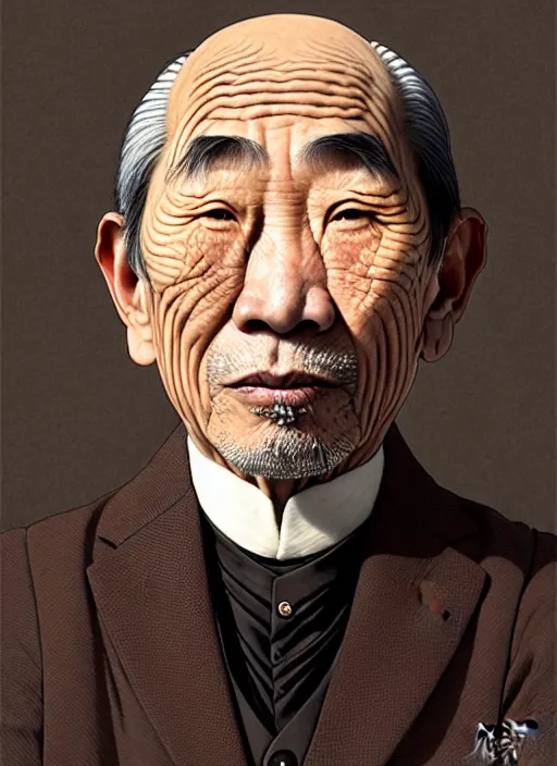 Image similar to a portrait of an old asian man with a crooked nose in victorian clothing, confident pose, intricate, elegant, sharp focus, illustration, highly detailed, concept art, matte, trending on artstation, anime, art by james jean and artgerm and brian despain and alberto mielgo, greg rutkowski, wlop, ilya kuvshinov, strong strokes