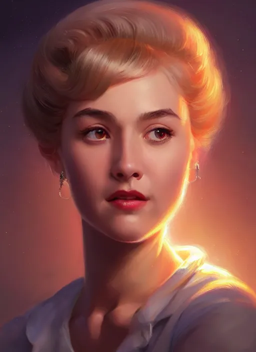 Image similar to portrait of betty cooper with fluffy bangs, bangs, 1 9 6 0 s, ponytail, curly bangs and ponytail, rounder face, intricate, elegant, glowing lights, highly detailed, digital painting, artstation, concept art, smooth, sharp focus, illustration, art by wlop, mars ravelo and greg rutkowski