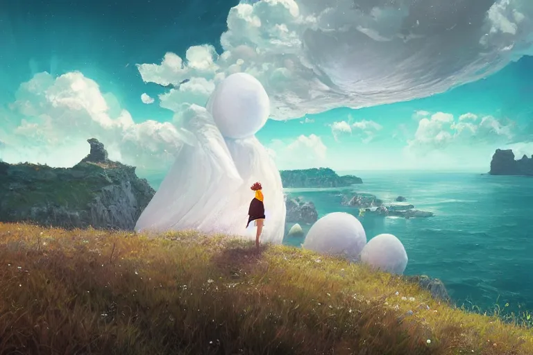 Image similar to giant white daisy flower on head, girl walking on cliff, surreal photography, solar eclipse, milky way, dramatic light, impressionist painting, clouds, digital painting, artstation, james gilleard, liam wong, jeremy mann, simon stalenhag