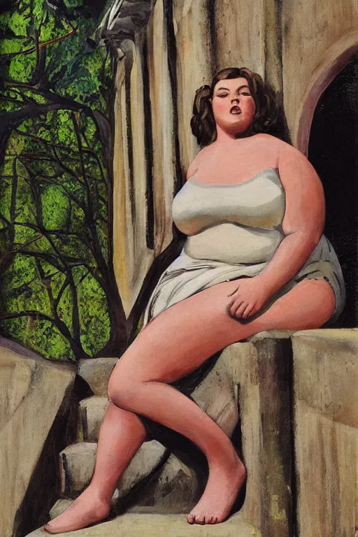 Prompt: plus - sized woman sitting on the stairs of a medieval building, summer, nature, natural light, forest setting, 1 9 6 0 s art, realistic, neo - renaissance, pop art, fantasy art, mixed media, by tom wesselman, by mel ramos, by martial raysse, by antonello de messina, by jim silke