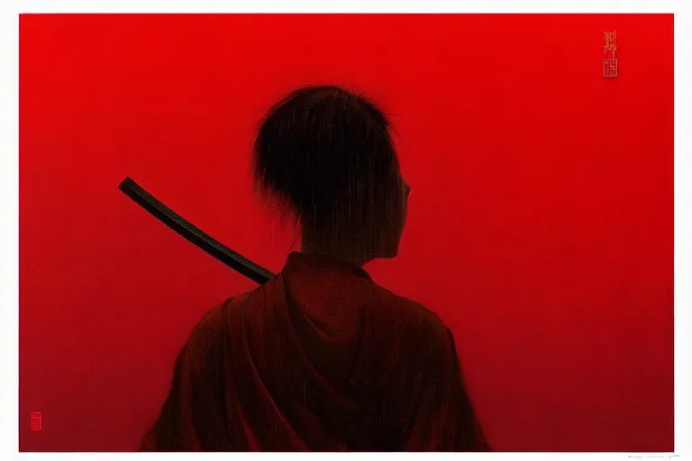 Image similar to only with red, a red samurai harakiri, tokio, a lot of frogs watch, in the style of beksinski, parts by edward hopper, parts by rodcenko, parts by yue minjun, intricate and epic composition, red by caravaggio, insanely quality, highly detailed, masterpiece, red light, artstation, 4 k