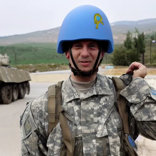 Prompt: photograph of Barney the Dinosaur wearing a blue helmet and army fatigues in Kosovo