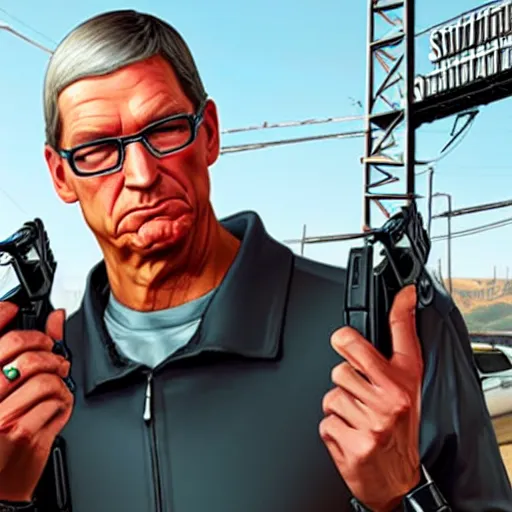 Image similar to tim cook in gta v cover art