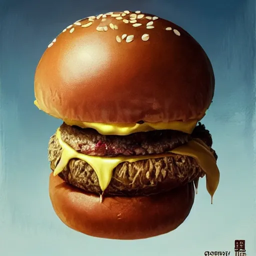Prompt: a highly detailed epic cinematic concept art CG render digital painting artwork costume design: Henry Fonda as a 1950s tired poet eating a massive hamburger, voluptuous sesame seed bun, extra ketchup and pickles and onions . By Greg Rutkowski, Ilya Kuvshinov, WLOP, Stanley Artgerm Lau, Ruan Jia and Fenghua Zhong, trending on ArtStation, subtle muted cinematic colors, made in Maya, Blender and Photoshop, octane render, excellent composition, cinematic atmosphere, dynamic dramatic cinematic lighting, aesthetic, very inspirational, arthouse