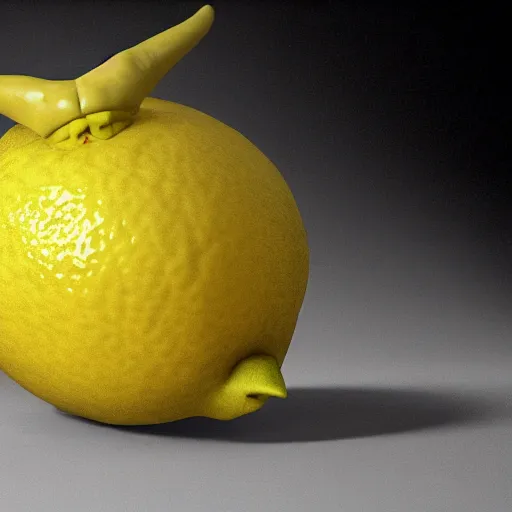 Prompt: antropomorphic lemon with devil horns sorts an archive, realistic photograph, dark