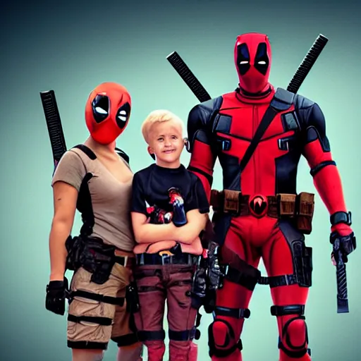 Image similar to deadpool family photo with the robot deadpool twins and cable from the comics is there and he has a huge futuristic gun, photography, 4K 3D render, HD Wallpaper, digital art