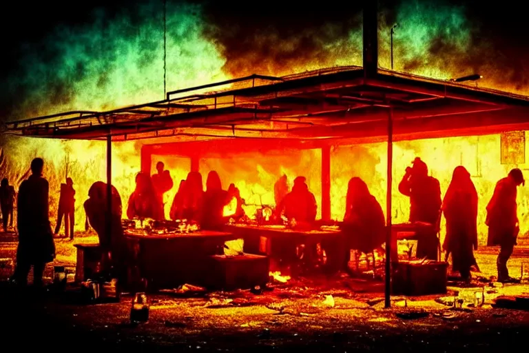 Prompt: post apocalyptic dinner being used as a shelter, dystopian, fire, people huddled, night, neon sign, rust