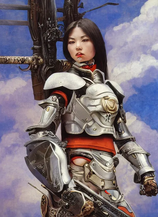 Prompt: symmetry!! closeup of a beautiful biblical diabolical samurai girl holding a rifle, cyborg armor, in clouds, cinematic studio light, windy, sunrise, by gerald brom, by mikhail vrubel, by peter elson, muted colors, extreme detail, trending on artstation, 8 k