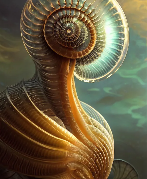 Image similar to intricate ornate opulent transparent clear see - through portrait of a terrifying beautiful alien nautilus, mottled coloring, adorable, childlike, pastoral environment, ultra realistic, concept art, art nouveau, photorealistic, octane render, 8 k, unreal engine. art by christopher marley and artgerm and greg rutkowski and alphonse mucha