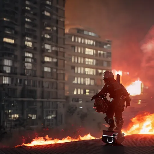 Prompt: An Armored soldier riding a hoverboard with several buildings on fire behind him, cinematic lighting, highly detailed, 8k octane render