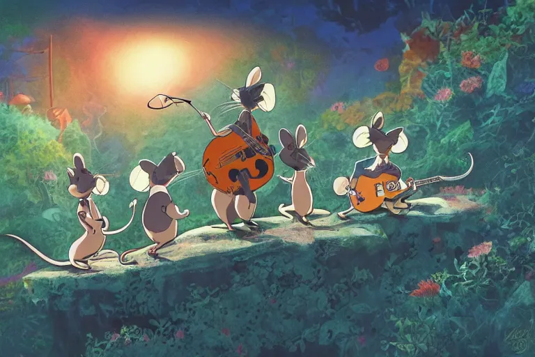 Image similar to rats playing in a rock band inspired by the beatles, beautiful, dreamlike, wholesome, ghibli and disney animation, sharp, intricated, art by ken anderson and mel shaw, bloom, dramatic lighting, brown palette,