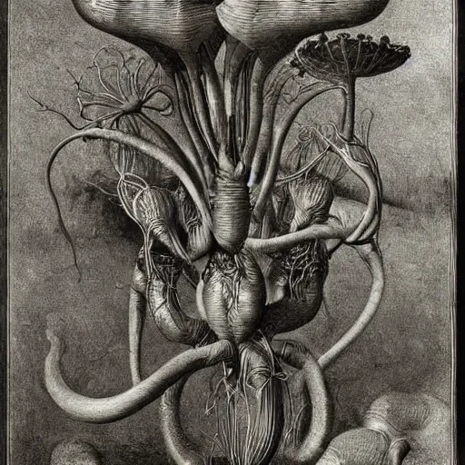 Image similar to carnivorous plants, by Odd Nerdrum, by Ernst Haeckel, by M.C. Escher, beautiful, eerie, surreal, colorful