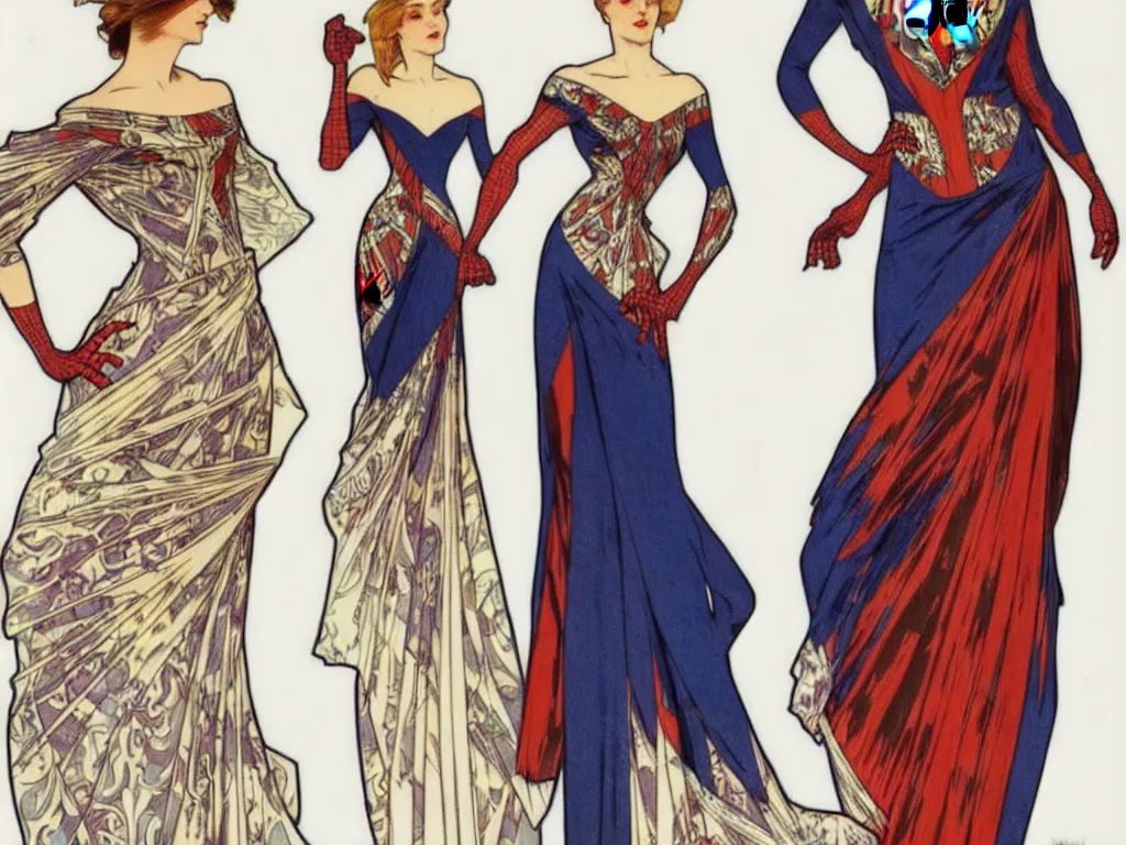 Prompt: 4 elegant full length spider man dress designs with natural history prints designed by alphonso mucha